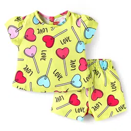 Babyhug Cotton Knit Half Sleeves Co-ords Shorts Night Suit with Hearts Print - Yellow-picture-14