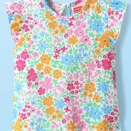 Babyhug Cotton Knit Frill Sleeves T-Shirt with Floral Print - Light Blue-picture-23