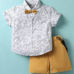ToffyHouse Poplin Woven Half Sleeves Shirt & Short Set with Bow & Suspender with Cursive Text Print - Yellow & White-picture-24