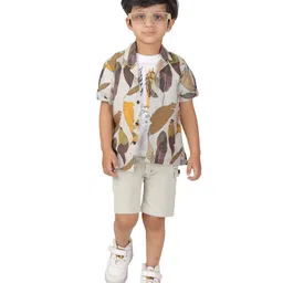 DOTSON Woven Half Sleeves Leaves Printed Shirt & Shorts With Tee Set - Mustard image 1