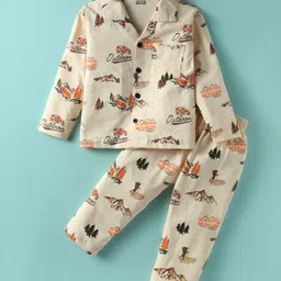 Smarty Boys Looper Knit Full Sleeves Co-Ord Night Suit With Jungle Print - Beige-picture-14