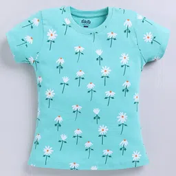 Kidcity Cotton Knit Half Sleeves Daisy Floral Printed Top - Sky Blue-picture-10