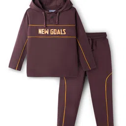 Pine Kids Looper Knit Full Sleeves Winter Wear Hooded T-Shirt & Joggers Set with New Goals Text Print - Dark Brown-picture-22