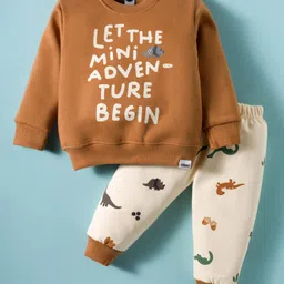 Teddy Fleece Knit Full Sleeves Winter Wear T-Shirt & Joggers Set with Dino Print - Light Brown & Beige-picture-21