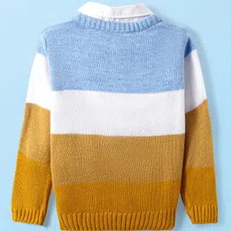 Babyhug Knitted Full Sleeves Collared Colour Block Pullover Sweater - Mustard Blue & White image 2
