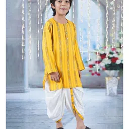 Little Bansi Full Sleeves Ikat Motif Printed Kurta With Coordinating  Dhoti Set - Yellow image 4