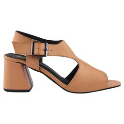 Shoetopia Solid With Buckle Closure Block Heel Sandals - Tan image 4