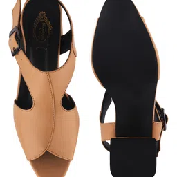 Shoetopia Solid With Buckle Closure Block Heel Sandals - Tan image 5