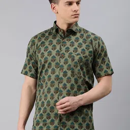 MILLENNIAL MEN Olive Green & Blue Cotton Comfort Regular Fit Ethnic Print Casual Shirt-image-45
