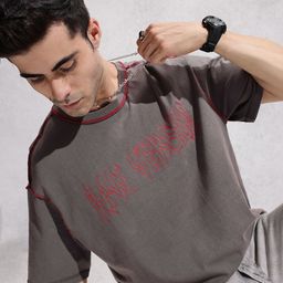 WROGN Pure Cotton Typography Printed Contrast Stitch Oversized T-shirt-picture-42