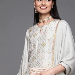 Libas Women Grey & Gold Ethnic Motifs Straight Kurta with Trousers & With Dupatta image 1