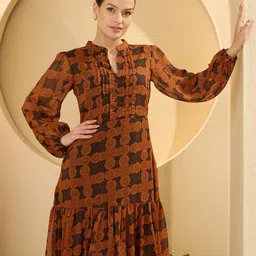 Antheaa Women Floral Print Bell Sleeve Chiffon A-Line Dress-picture-42