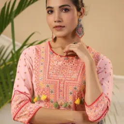 Juniper Pink Tribal Printed Pure Cotton Kurta With Beads & Sequins Work image 5