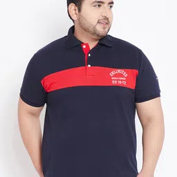 bigbanana Plus Size Men Navy Blue Colourblocked Polo Collar Pure Cotton T-shirt-image-26