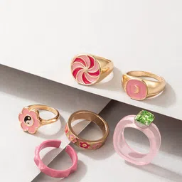 Jewels Galaxy Set Of 6 Gold-Plated Pink & Green Finger Rings-picture-37