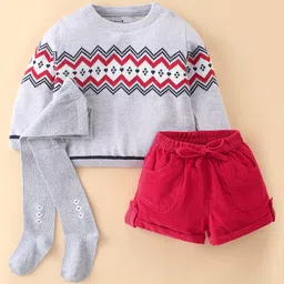 ToffyHouse Full Sleeves Winter Wear Suits With Ikat Design & Stockings - Grey & Red-image-96