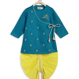 Tiber Taber Full Sleeves Peacock Feathers Foil Printed Angrakha Style Kurta With Dhoti - Blue-image-0