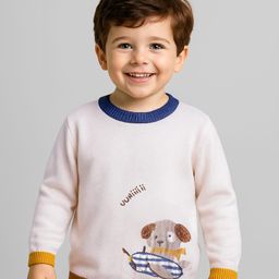 Babyhug Knitted Full Sleeves Pullover Sweater With Animal Design - White-image-46