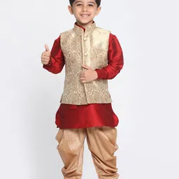 JBN Creation Full Sleeves Solid Kurta & Dhoti With Floral Embroidered Nehru Jacket Set - Gold & Maroon-picture-26
