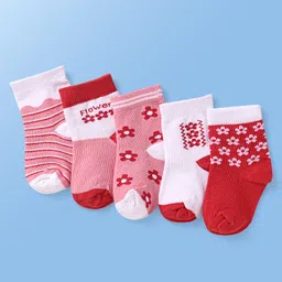 Doodle Poodle Cotton Knit Ankle Length Socks with Floral Design & Stripes Pack of 5 - White Pink & Red-image-75