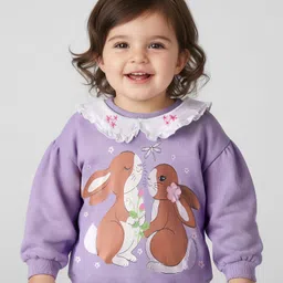 Babyhug Cotton Knit Full Sleeves Sweatshirt with Bunny Print & Floral Applique - Purple-picture-21