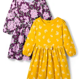 Honeyhap Premium 100% Cotton Knit Bio Finish Full Sleeves Frocks with Floral Print and Bow Applique Pack of 2 - Plum Caspia & Banana-picture-23