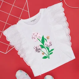 Pantaloons Junior Cotton Spandex Knit Sleeveless Sequins Embellished Floral Designed Top - Bright White-image-78