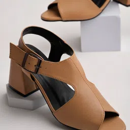 Shoetopia Solid With Buckle Closure Block Heel Sandals - Tan-picture-22