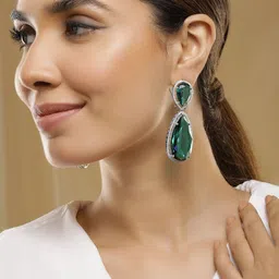 Rubans Rhodium-Plated Emerald Green & Cubic Zirconia Studded Premium Drop Earrings image 1