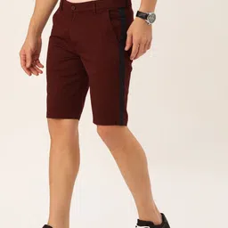 The Indian Garage Co Men Burgundy Solid Slim Fit Chino Shorts with Side Stripe Detail-image-53