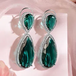 Rubans Rhodium-Plated Emerald Green & Cubic Zirconia Studded Premium Drop Earrings image 2