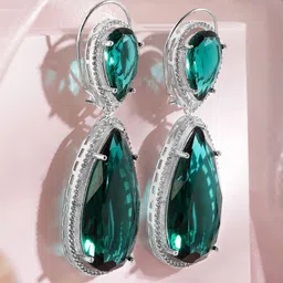 Rubans Rhodium-Plated Emerald Green & Cubic Zirconia Studded Premium Drop Earrings image 3