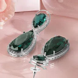 Rubans Rhodium-Plated Emerald Green & Cubic Zirconia Studded Premium Drop Earrings image 4