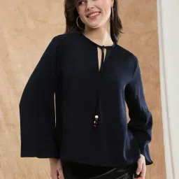 Globus Women Blue Tie-Up V-Neck Flared Sleeve Georgette Formal Top-picture-46