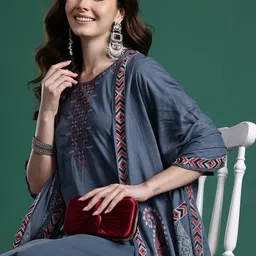 Indo Era Embroidered Pure Cotton Kurta with Trousers & Dupatta-picture-34