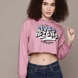 The Roadster Lifestyle Co. Hooded Printed Crop Sweatshirt-image-23