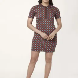 People by Pantaloons Rust & Brown Cotton Geometric Print Bodycon Dress-image-24