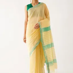 Taneira Light Yellow Striped Maheshwari Saree With Unstitched Blouse-image-3