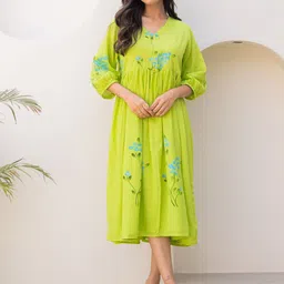 Ambraee Women Floral Print V- Neck Empire Midi Dress-picture-46
