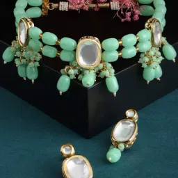 Zaveri Pearls Green Multistrand Beaded Kundan Choker Necklace & Earring Set-ZPFK13576-picture-22