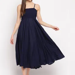Aawari Women Navy Blue Solid Fit and Flare Dress-image-98