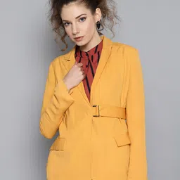 STREET 9 Women Mustard Yellow Solid Casual Blazer-picture-22