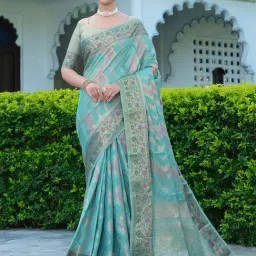 Satrani Blue Woven Saree With Unstitched Blouse-image-33