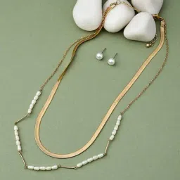 Zaveri Pearls Gold Tone Contemporary 2 Layers Pearl Necklace Chain With Earring-ZPFK10600-image-54