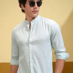 HIGHLANDER Men Slim Fit Band Collar Textured Cotton Casual Shirt-picture-13