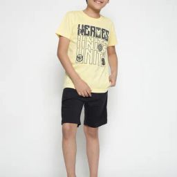 Lil Tomatoes Kids Light Yellow & Black Printed T-Shirt with Shorts-picture-1