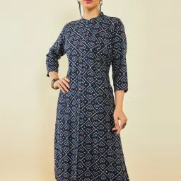 Soch Navy Blue Rayon Ikat Print Straight Kurta with Princess Seam-image-72