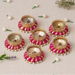 eCraftIndia Set of 6 Pink & Golden Round Shaped Beaded Decorative Tea Light Candle Holders-picture-12