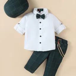 Robo Fry Lycra Knit Half Sleeves Solid Colour Shirt & Trouser Set with Cap Suspender & Bow - White-picture-10