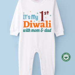 BLUSHES Diwali Theme 100% Cotton Full Sleeves Its My 1st Diwali With Mom & Dad Text Printed Romper - White-picture-34